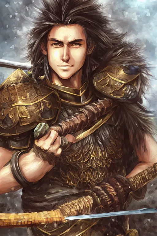 Image similar to A realistic anime portrait of a young handsome male barbarian with long wild hair, intricate fantasy spear, plated armor, D&D, dungeons and dragons, tabletop role playing game, rpg, jrpg, digital painting, by Ayami Kojima, digtial painting, trending on ArtStation, SFW version