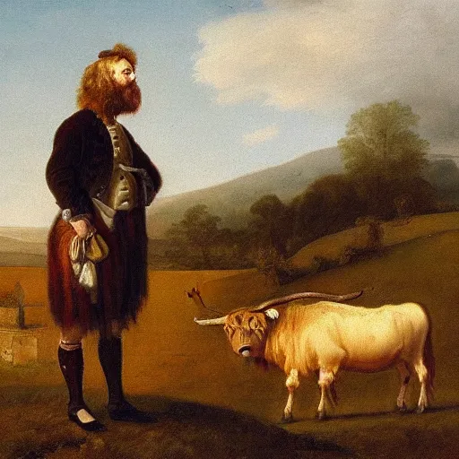 Prompt: oil painting by george stubbs of a highland cow and a man wearing 1 7 th century clothing, standing in a farm field.