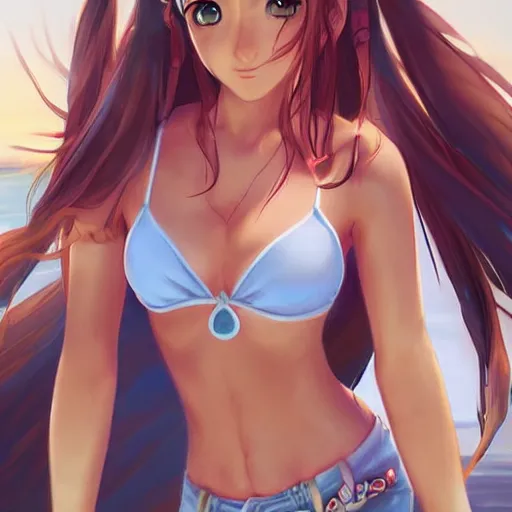 Image similar to beautiful aerith from final fantasy in daisy dukes on the beach making eye contact drawn by artgerm