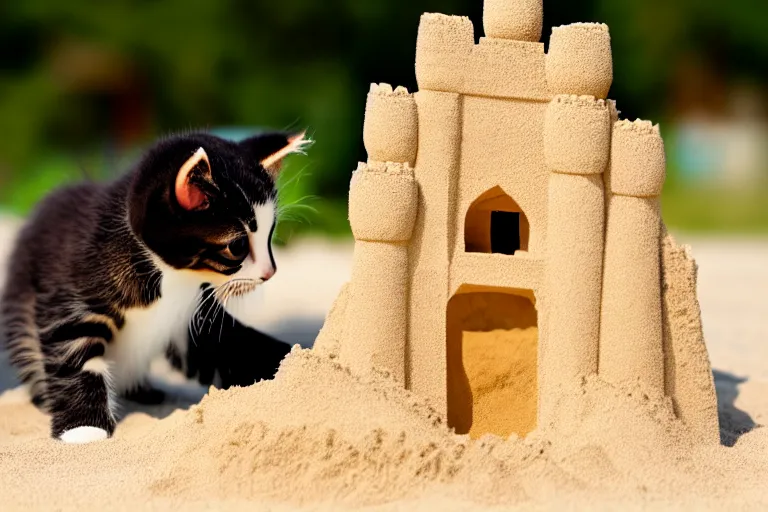 Image similar to a kitten touching a completed sand castle