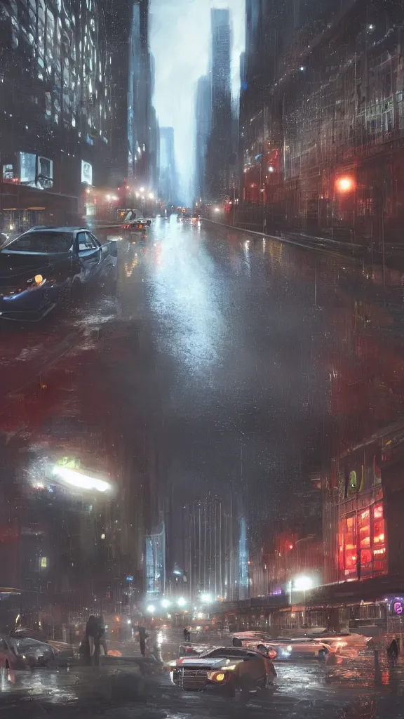 Prompt: a concept art of a rainy Chicago at night with cars and people watch dogs game