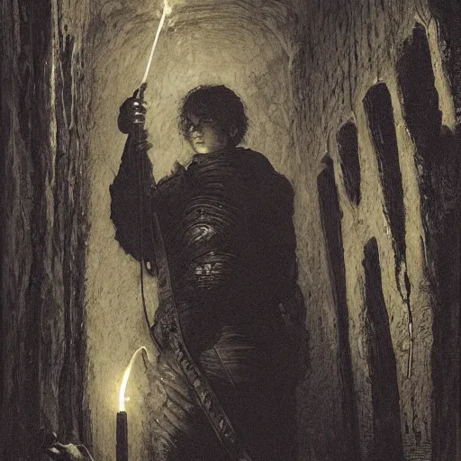 Image similar to an adventurer lights a torch in the depths of a dark dungeon, dramatic lighting, fluid, smooth, bright, colours, high contrast, sharpness, very detailed, intricate, by donato giancola, gustave dore and junji ito and caravaggio