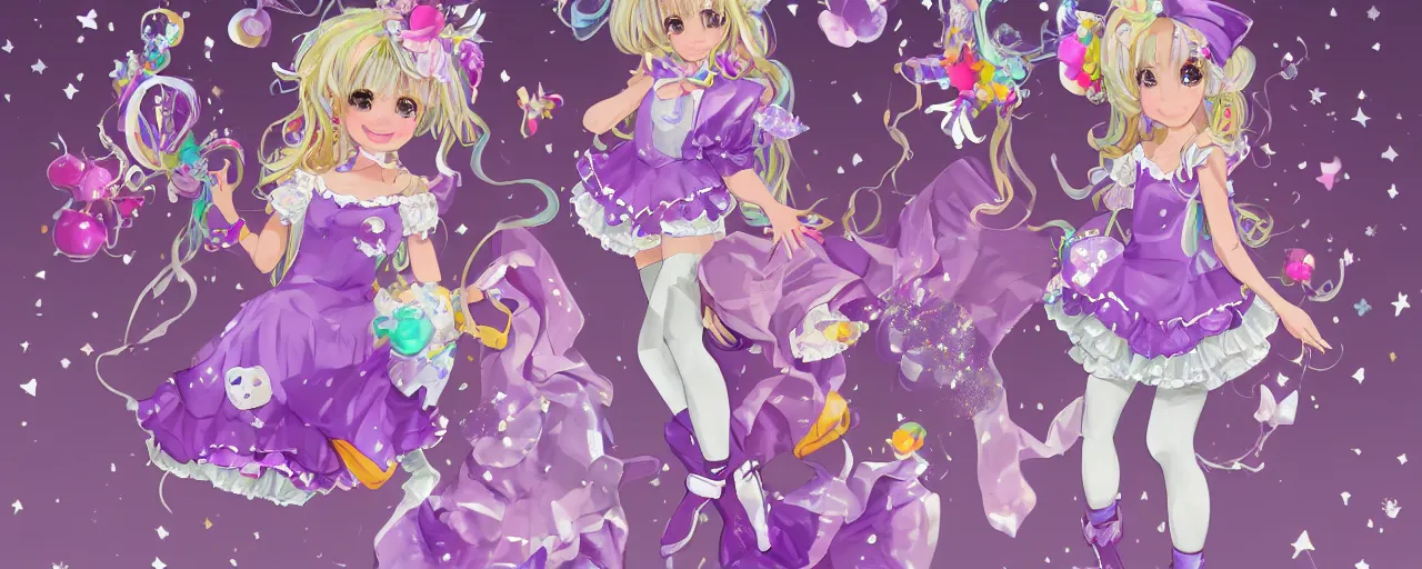 Prompt: A character sheet of full body cute magical girls with short blond hair wearing an oversized purple Beret, Purple overall shorts, Short Puffy pants made of silk, pointy jester shoes, a big billowy scarf, and white leggings. Rainbow accessories all over. Flowing fabric. Ruffles and Bows. Petticoat. Covered in stars. Short Hair. Art by Johannes Helgeson and william-adolphe bouguereau and Paul Delaroche and Alexandre Cabanel and Lawrence Alma-Tadema and WLOP and Artgerm and Shoichi Aoki. Fashion Photography. Decora Fashion. harajuku street fashion. Kawaii Design. Intricate, elegant, Highly Detailed. Smooth, Sharp Focus, Illustration Photo real. realistic. Hyper Realistic. Sunlit. Moonlight. Dreamlike. Fantasy Concept Art. Surrounded by clouds. 4K. UHD. Denoise.