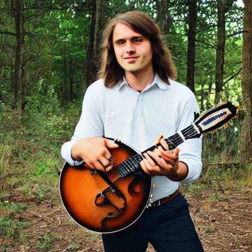 Image similar to a photo of a young man with long hair playing mandolin in the wilderness