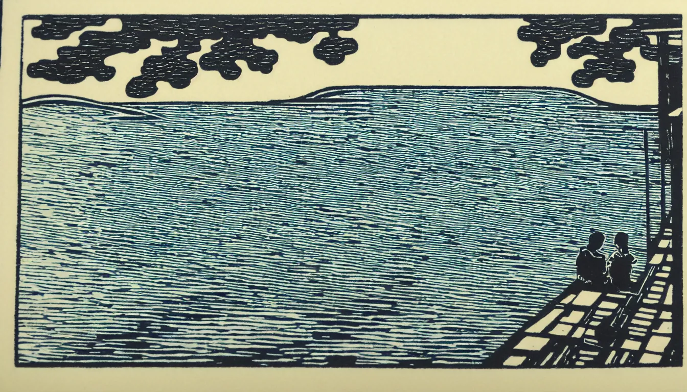 Prompt: sitting at the end of the dock woodblock print