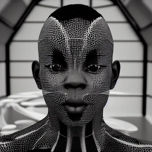 Prompt: : black human with white maze pattern skin all over hyper detailed art station  dalle2 3d render unity gigapixel  unrealengine trending on artstation,cinematic, hyper realism, high detail, octane render, 8k