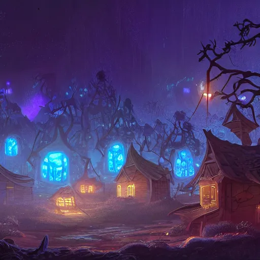 Image similar to concept art painting of a fantasy alien nighttime landscape of houses made of fungus, with glowing blue lights, glowing blue mushrooms, dark purple sky, realistic, detailed, cel shaded, in the style of makoto shinkai and greg rutkowski and albert bierstadt and james gurney