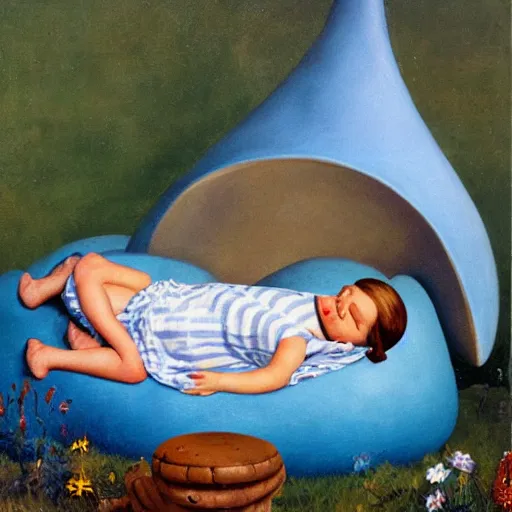 Prompt: A girl sleeping under a giant blue toadstool, artist Normal Rockwell,