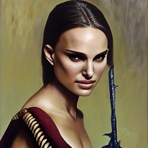 Prompt: natalie portman as a passionate exotic warrior, high detailed, award winning, photorealistic painting
