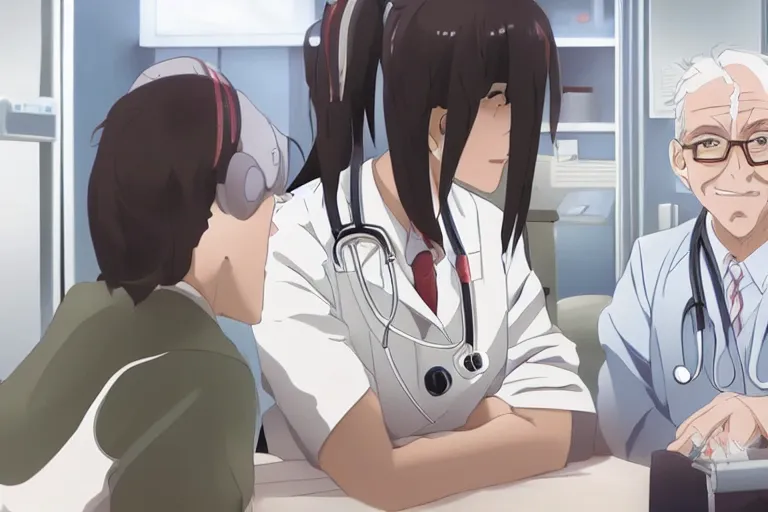 Prompt: a cute young female doctor wearing white coat are talking with an old surgeon in a hospital, slice of life anime, lighting, anime scenery by makoto shinkai