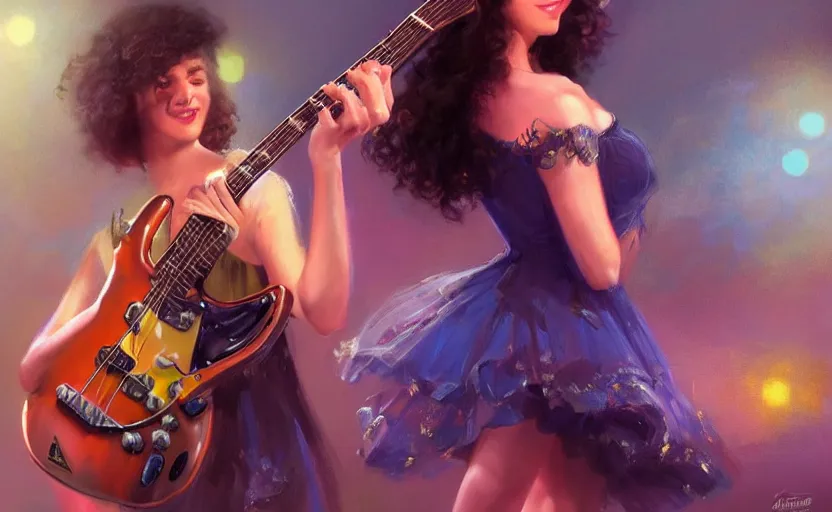 Prompt: rockstar girl playing electric guitar on stage. by edward robert hughes, by konstantin razumov, by william - adolphe bouguerea, by artgerm, pixar, artstation trending, concept art, digital art, digital painting, dramatic lighting, sharp focus, highly detailed, vxf movie, cinematic