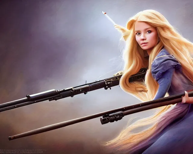 Image similar to disney princess with long blonde hair with m 9 0 sniper rifle on back : : weta disney pixar movie still photo : : hi - fructose, decadent highly - detailed digital painting, golden ratio, octane render, artstation, smooth, sharp focus, artgerm, mucha, loish, wlop