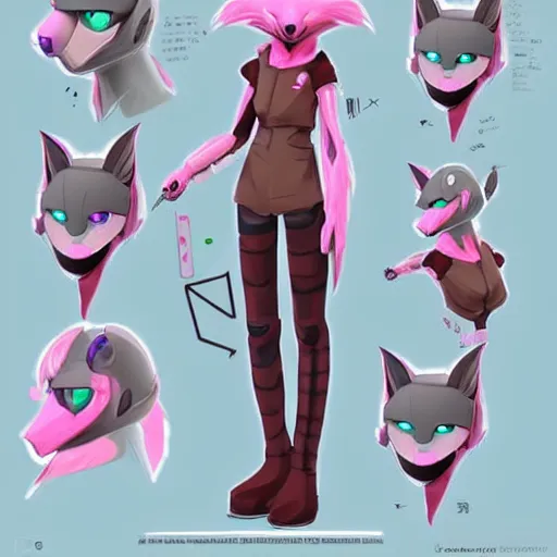 Image similar to digital art trending on artstation, pixiv, of a pink robotic fox, character fursona furry fandom anthropomorphic reference sheet