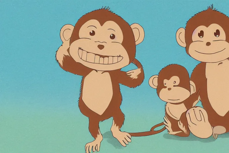 Prompt: high definition illustration of a monkey holding its baby in its lap, while walking along the beach, studio ghibli style, highly detailed, fun,