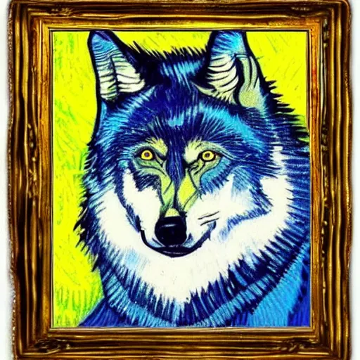 Image similar to retard wolf, van gogh, vivid colors, portrait paintin,