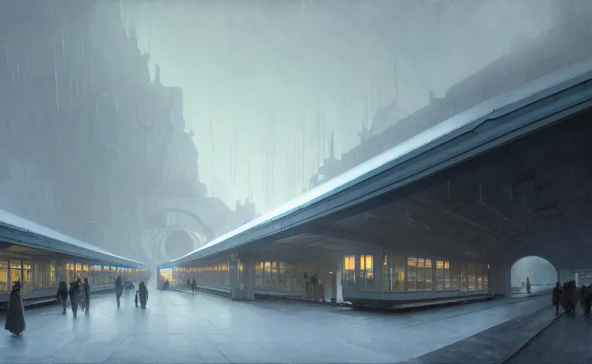 Prompt: painting of a wide angle exterior shot of a white modern futuristic utopian train station with cinematic lighting by peter zumthor and renzo piano, darek zabrocki and greg ruthkowski, alphonse mucha, simon stalenhag and cinematic and blue cold atmospheric, holy place, atmospheric, archillect concept art, artstation, trending on artstation