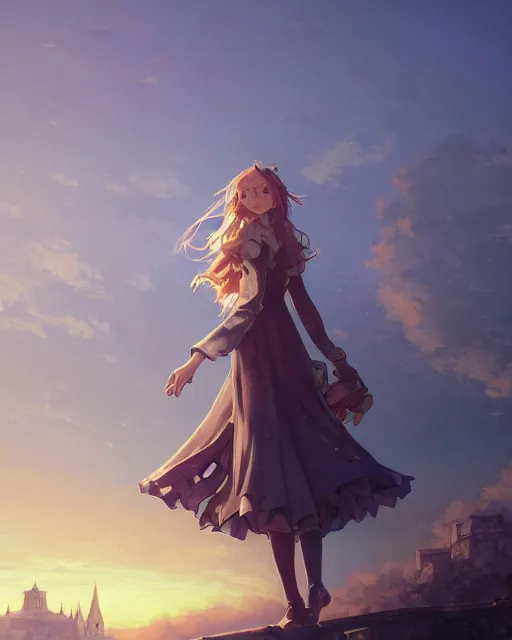 Prompt: over the shoulder landscape painting of violet evergarden, behind her is a distant old european city leiden from violet evergarden next to the reflecting ocean, ocean, sunset, by Philipp A. Urlich and Pengzhen Zhang and Andreas Rocha, fantasy, intricate, elegant, highly detailed, digital painting, artstation, blender, unreal engine 5, octane render, smooth, sharp focus, illustration