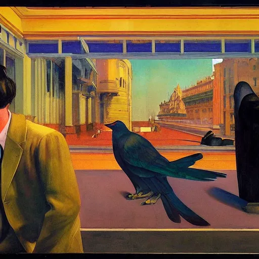 Image similar to a battle of crows in mumbai, hyperrealistic film still by edward hopper, by gottfried helnwein, by klimt, by paolo uccello, art nouveau, highly detailed, strong lights, liminal, eerie, bright pastel colors