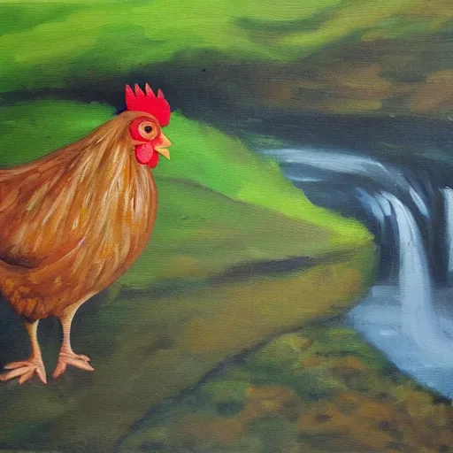 Image similar to a chicken next to a stream oil painting