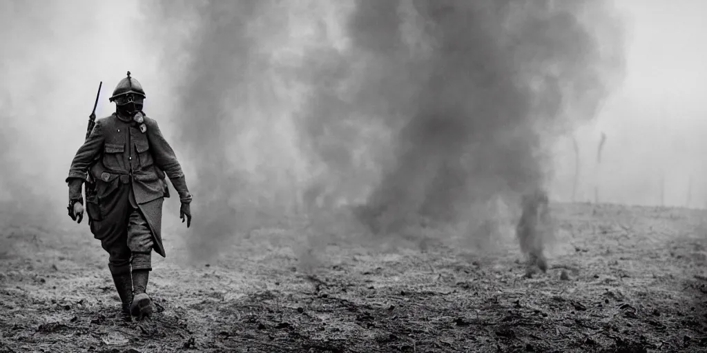 Prompt: wwi soldier wearing a gas mask walking through smoke, centerscreen, 8 5 mm lens, no man's land, muddy, cinematic, atmospheric, shot on arri alexa