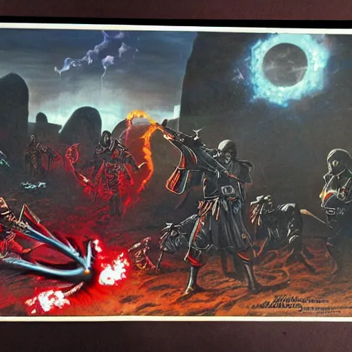 Prompt: high fantasy 1 9 8 0's wargame airbrushed artwork, an american senator overcome by dark mysterious energy, red glowing evil possessed eyes, waving a chrome revolver