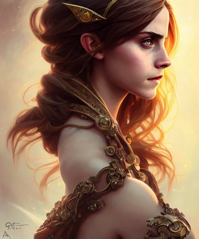Image similar to Emma Watson as a crystal maiden, sci-fi, amber eyes, face, long hair, fantasy, intricate, elegant, highly detailed, digital painting, artstation, concept art, smooth, sharp focus, illustration, art by artgerm and greg rutkowski and alphonse mucha