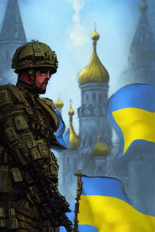 Image similar to special forces soldier raising ukrainian blue and yellow flag, kremlin st. basil cathedral in the background, masculine figure, d & d, fantasy, bright atmosphere, volumetric lights, intricate, elegant, extremely detailed, digital painting, artstation, concept art, matte, smooth, sharp focus, hyper realistic, illustration, art by artgerm and greg rutkowski and alphonse mucha