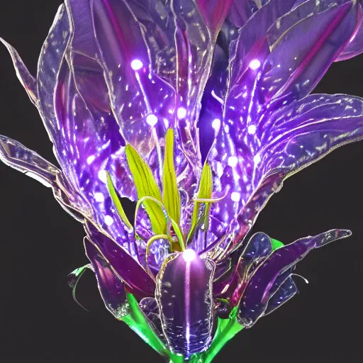 Prompt: a cybertronic, metallic, glowing tiger lily flower, high detail