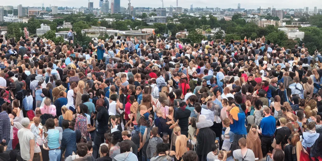 Prompt: there were many people standing on the roof