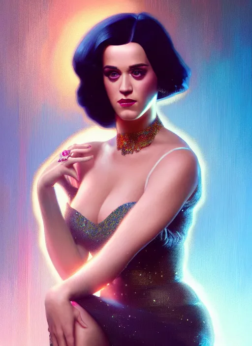 Image similar to portrait of katy perry, intricate, elegant, glowing lights, highly detailed, digital painting, artstation, glamor pose, concept art, smooth, sharp focus, illustration, art by wlop, alphonse mucha and craig mullins