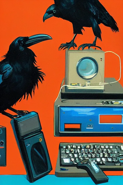 Image similar to a raven digging through 8 0 s era technology, vintage shapes, retro technology, happy color, wayne barlow, oil on canvas, deep depth of field, masterpiece, cinematic composition, hyperdetailed