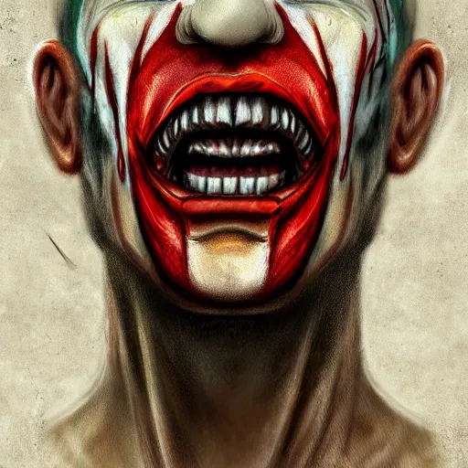 Image similar to a killer clown with sharp fangs and scars, hyper-detailed digital painting