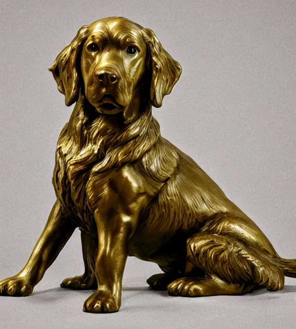 Prompt: a 4 k photorealistic photo medium shot of a bronze statue of a golden retriever.