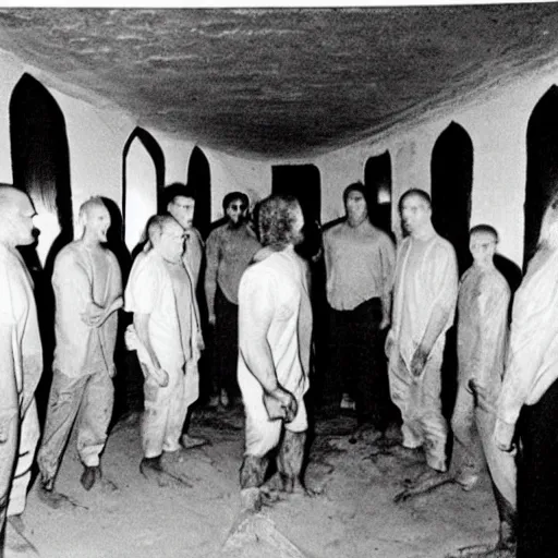 Image similar to secret photos of a cult hidden underground in brisbane. everyone must not wear pants, only shirts, all their hair is shaved off but beards are aloud. you must carry a large vegetable at all times. very creepy photos of this strange cult in the year 1 9 9 7