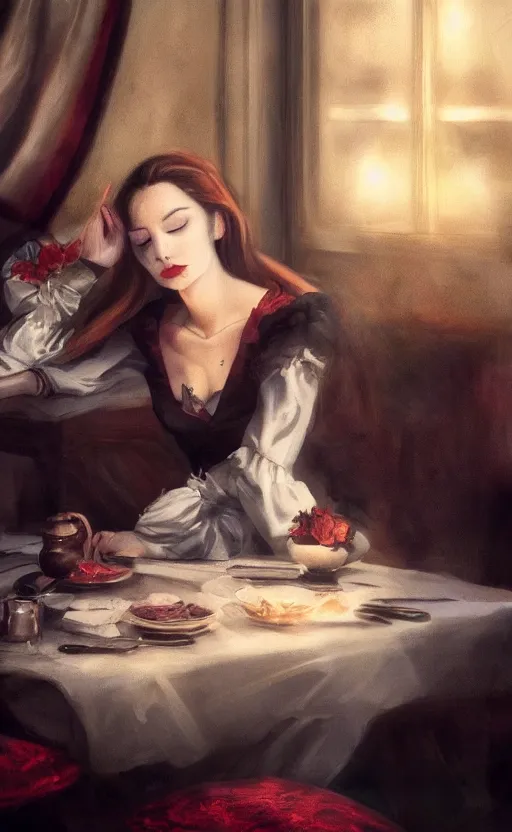 Image similar to a beautiful lady vampire falling asleep at a table, cinematic, art, epic, digital masterpiece, romantic lighting