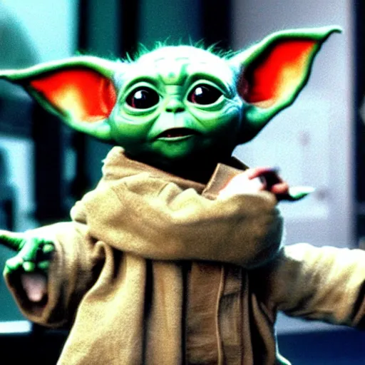 Prompt: a film still of baby yoda wearing 1 9 9 0 s hip hop outfit realistic, detailed