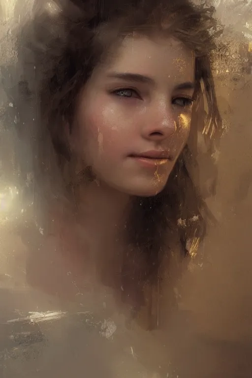 Image similar to babylonian girl, joyful, close-up portrait, intricate, elegant, volumetric lighting, scenery, digital painting, highly detailed, artstation, sharp focus, illustration, concept art, ruan jia, steve mccurry