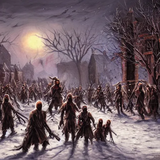 Image similar to Undead army descends upon a village in the middle of a winter night, photorealistic oil painting
