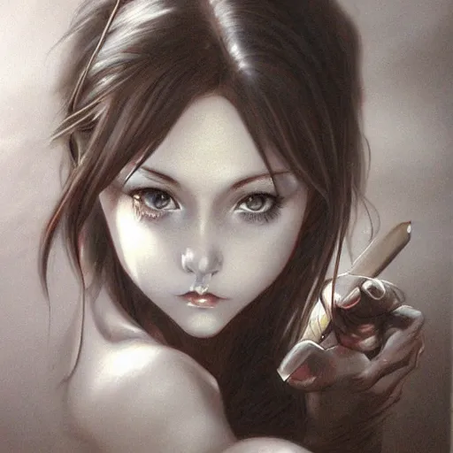 Image similar to pencil art, detailed portrait of anime girl, intricate, hyper detailed, realistic, oil painting, by julie bell, frank frazetta, cinematic lighting