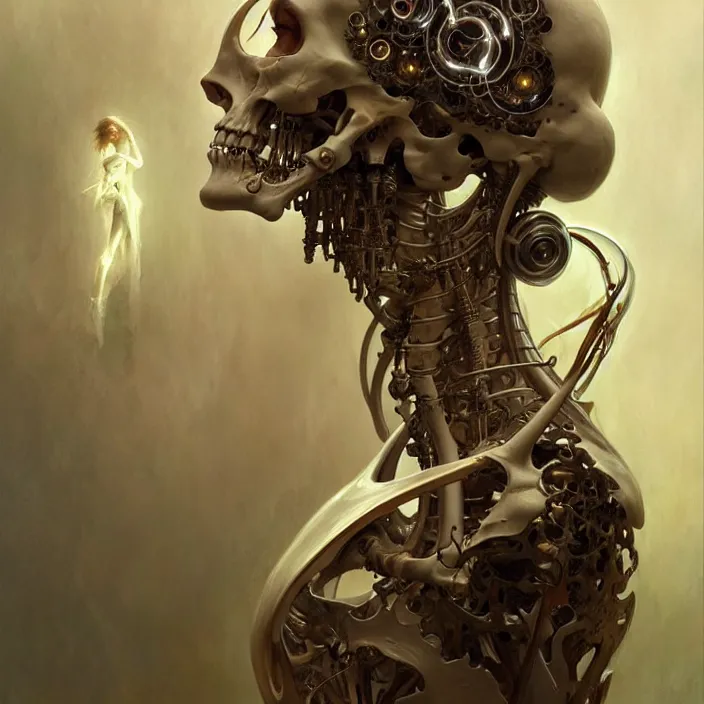 Prompt: bone cyborg, diffuse lighting, fantasy, intricate, elegant, highly detailed, lifelike, photorealistic, digital painting, artstation, illustration, concept art, smooth, sharp focus, art by john collier and albert aublet and krenz cushart and artem demura and alphonse mucha