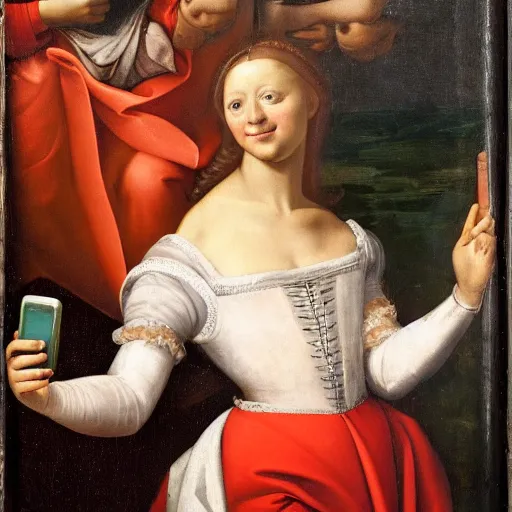 Prompt: renaissance painting of a lady in a white dress smiling at the camera whilest holding and pointing towards a smartphone.