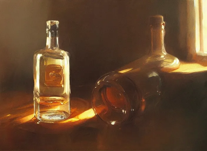 Prompt: oil painting of whiskey bottle, art by anders zorn, wonderful masterpiece by greg rutkowski, beautiful cinematic light, american romanticism by greg manchess, reflections in copper, sunlight, dust and steam