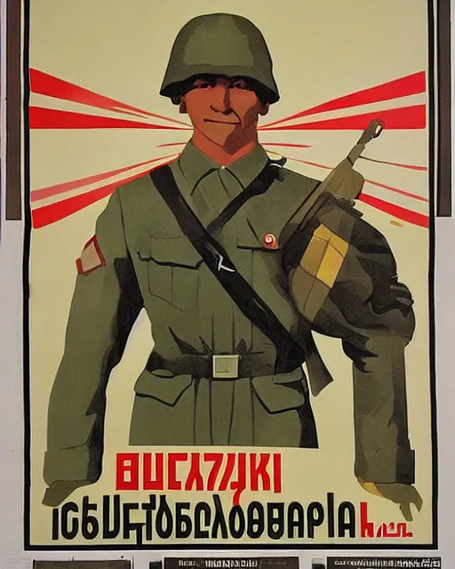 Image similar to soviet propaganda poster of an australian shepherd soldier, soviet art