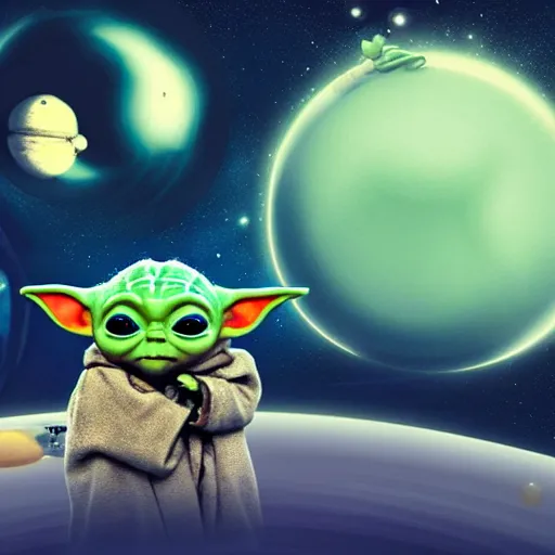 Prompt: baby yoda floating in space, stars in background, cinematic, highly detailed, realistic