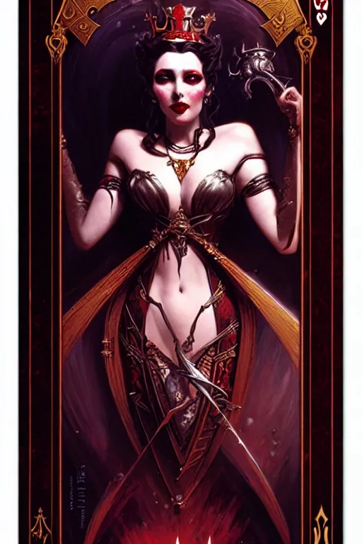 Image similar to the queen of hearts, dark fantasy playing card design by gaston bussiere, bayard wu, greg rutkowski, giger, maxim verehin