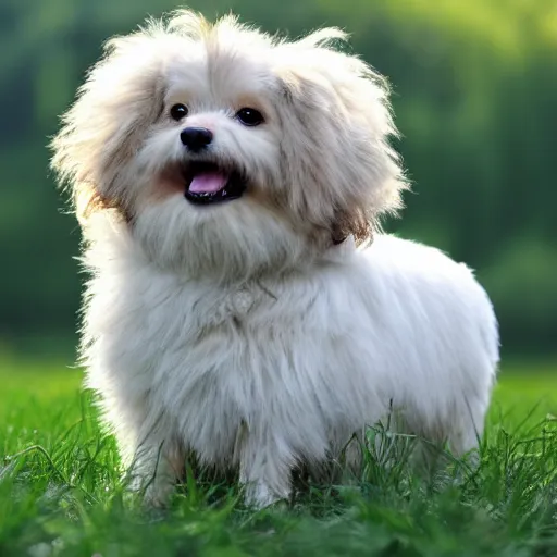 Prompt: A small fluffy dog, sitting in a grassy green field. Desktop background.