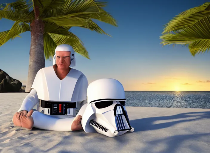 Prompt: symmetry!! closeup!!! film - still!!! symmetrical - face!! white darth vader relaxing on a tropical beach during sunset with a cocktail, cinematic lighting, sunset, 8 k - resolution!!, hyperrealism, award winning, artstation, unreal engine 5, octane, redshift