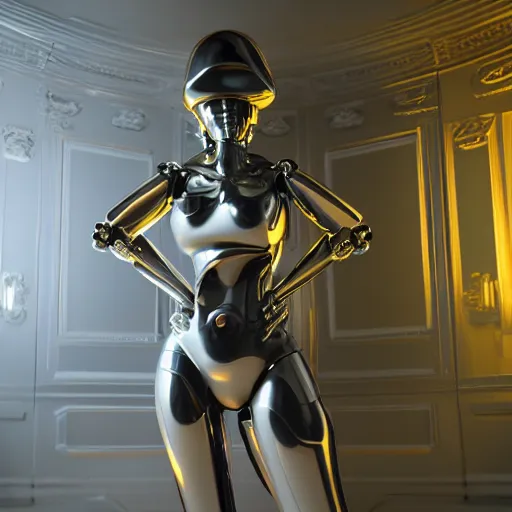 Image similar to octane render, a complex high poly cinematic 3 d model of a giant robotic android woman made out of porcelain with golden grout, jewel tone glowing eyes, fiber optic hair, inside a black rococo palace, 8 k, unreal enging, cinema 4 d, cinematic angle