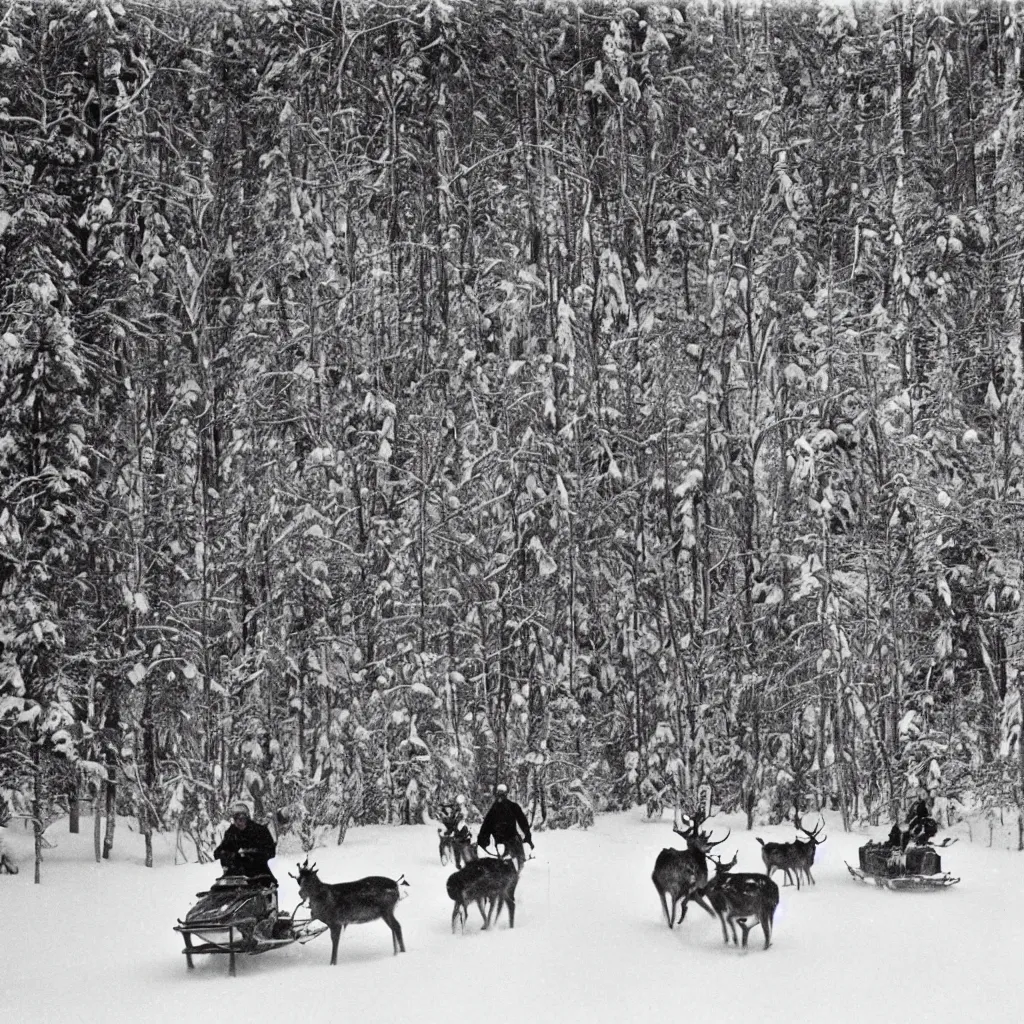 Image similar to world's first photo of man herding reindeer while driving a snowmobile, spruce forest surroundings, mildly snowy atmosphere, cold, winter, 1 9 2 3, finland