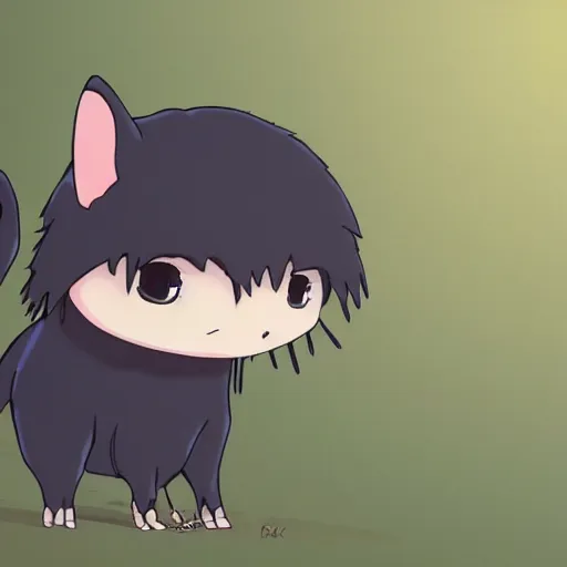 Image similar to ( ( black ) ) small cute creature ( ( ( ( big eyes ) ) ) ) in ghibli artstyle, high details, high quality, friendly, 8 k, art